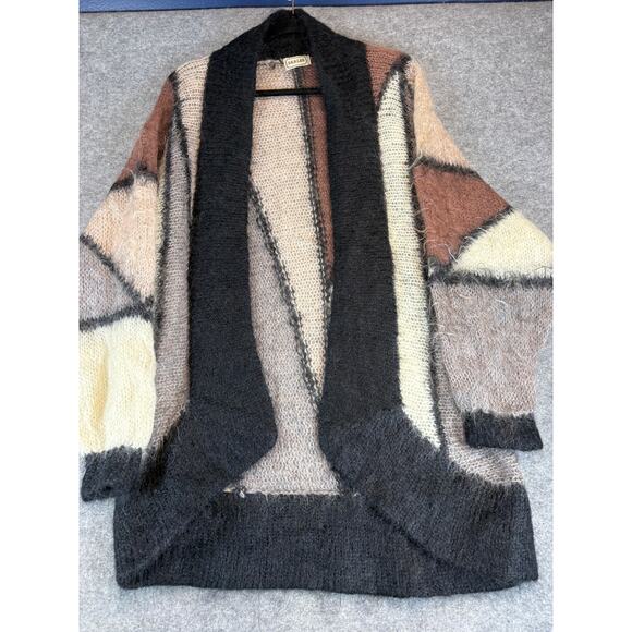 Vintage Sweaters - Vintage Mohair Wool Cardigan Womens XL Colorblock Geometric Open Front Oversized